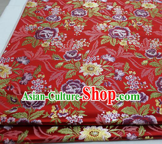 Asian Chinese Traditional Tang Suit Royal Peony Flowers Pattern Red Brocade Satin Fabric Material Classical Silk Fabric