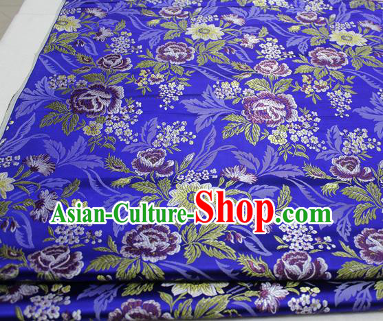 Asian Chinese Traditional Tang Suit Royal Peony Flowers Pattern Royalblue Brocade Satin Fabric Material Classical Silk Fabric