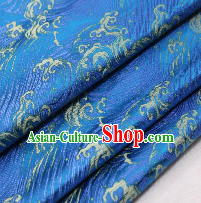 Asian Chinese Traditional Classical Waves Pattern Blue Brocade Tang Suit Satin Fabric Material Classical Silk Fabric