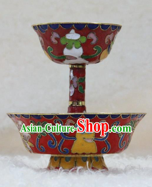 Chinese Traditional Buddhism Red Cloisonne Cup Feng Shui Items Vajrayana Buddhist Decoration