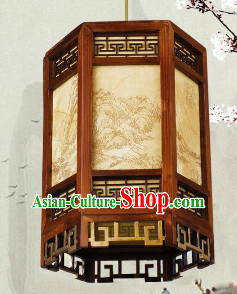 Chinese Traditional Printing Landscape Wood Palace Lantern Handmade New Year Hanging Lanterns Ceiling Lamp