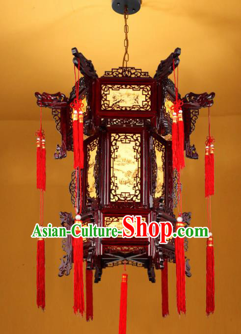 Chinese Traditional Handmade Red Tassel Wood Carving Palace Lantern Classical Hanging Lanterns Ceiling Lamp