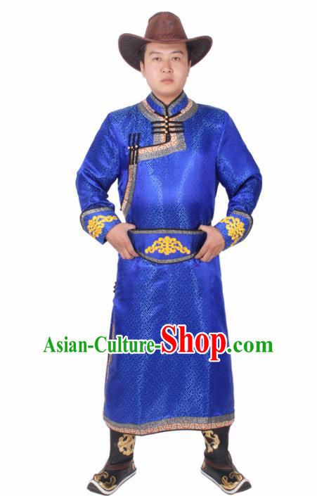 Chinese Ethnic Prince Costume Royalblue Mongolian Robe Traditional Mongol Nationality Folk Dance Clothing for Men