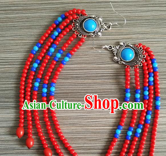 Traditional Chinese Mongol Nationality Red Beads Ear Accessories Mongolian Ethnic Folk Dance Earrings for Women