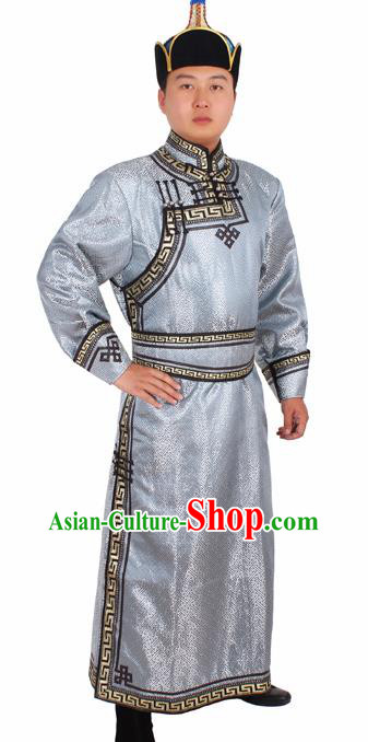 Chinese Ethnic Prince Costume Grey Mongolian Robe Traditional Mongol Nationality Folk Dance Clothing for Men