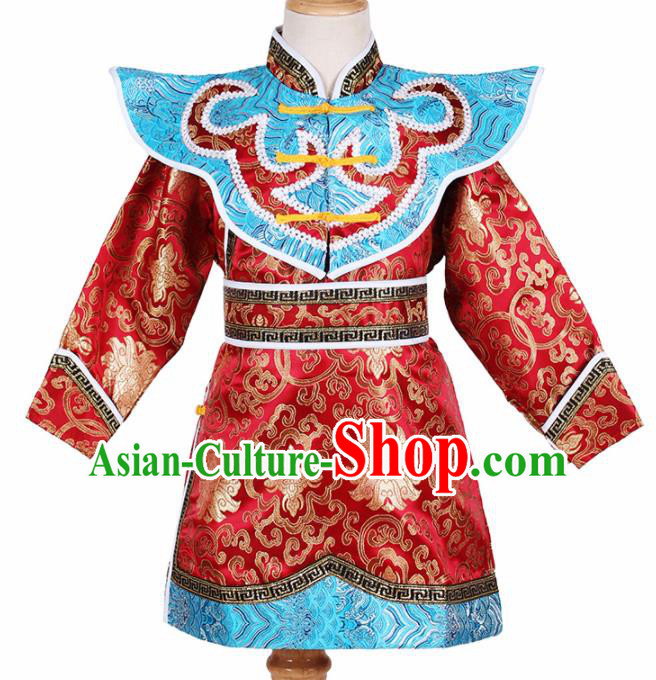 Chinese Ethnic Costume Red Brocade Robe Traditional Mongol Nationality Folk Dance Clothing for Kids