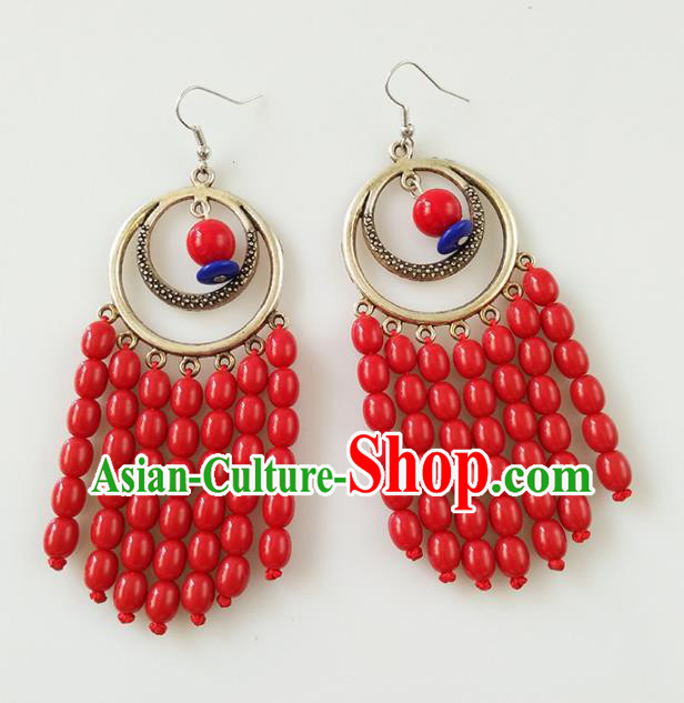 Traditional Chinese Mongolian Ethnic Folk Dance Ear Accessories Mongol Nationality Red Beads Earrings for Women