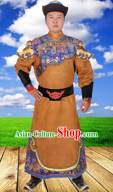Chinese Ethnic Prince Costume Brown Suede Fabric Mongolian Robe Traditional Mongol Nationality Folk Dance Clothing for Men