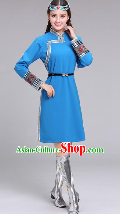 Chinese Mongolian Ethnic Costume Blue Dress Traditional Mongol Nationality Folk Dance Clothing for Women