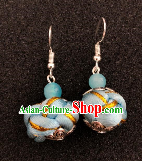 Traditional Chinese Mongol Nationality Light Blue Ball Ear Accessories Mongolian Ethnic Earrings for Women