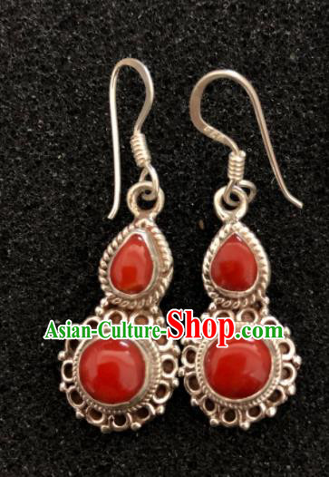 Traditional Chinese Mongol Nationality Sliver Ear Accessories Mongolian Ethnic Red Earrings for Women