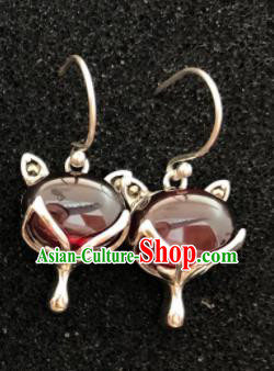 Traditional Chinese Mongol Nationality Garnet Fox Ear Accessories Mongolian Ethnic Sliver Earrings for Women