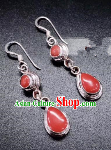 Traditional Chinese Mongol Nationality Ear Accessories Mongolian Ethnic Sliver Ruby Earrings for Women