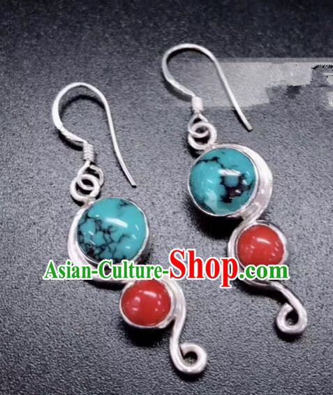 Traditional Chinese Mongol Nationality Kallaite Ear Accessories Mongolian Ethnic Sliver Earrings for Women