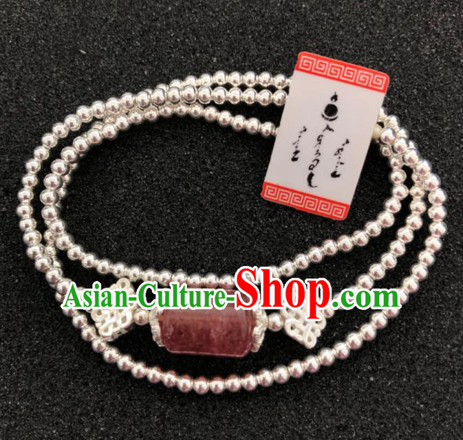 Traditional Chinese Mongol Nationality Rose Chalcedony Sliver Necklet Accessories Mongolian Ethnic Necklace for Women