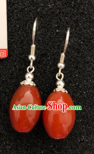 Traditional Chinese Mongol Nationality Agate Ear Accessories Mongolian Ethnic Sliver Earrings for Women