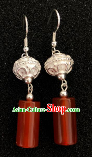 Traditional Chinese Mongol Nationality Ear Accessories Mongolian Ethnic Sliver Red Agate Earrings for Women