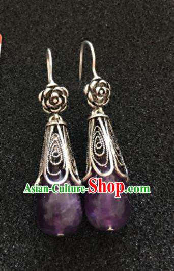 Traditional Chinese Mongol Nationality Purple Ear Accessories Mongolian Ethnic Earrings for Women