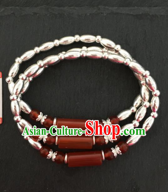 Chinese Traditional Mongol Nationality Agate Bracelet Mongolian Ethnic Sliver Bangle Accessories for Women
