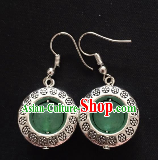 Chinese Mongol Nationality Green Ball Ear Accessories Traditional Mongolian Ethnic Sliver Earrings for Women