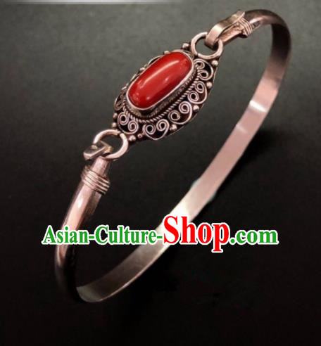 Traditional Chinese Mongol Nationality Ruby Bracelet Mongolian Ethnic Sliver Bangle Accessories for Women