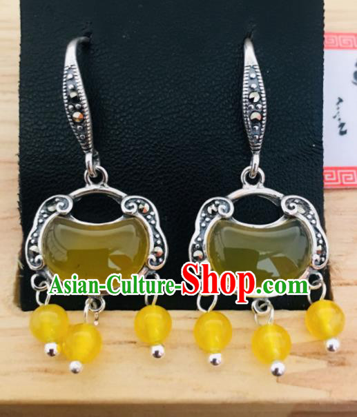 Chinese Mongol Nationality Yellow Chalcedony Tassel Earrings Traditional Mongolian Ethnic Ear Accessories for Women