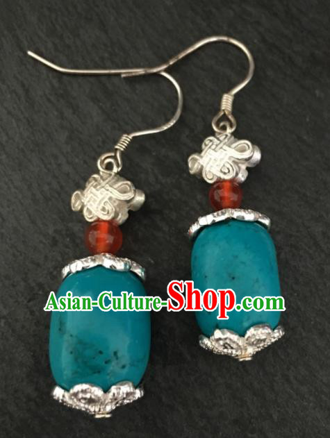 Chinese Mongol Nationality Calaite Earrings Traditional Mongolian Ethnic Ear Accessories for Women