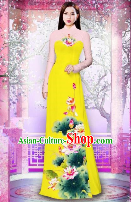 Vietnam Traditional National Printing Lotus Yellow Ao Dai Dress Asian Vietnamese Cheongsam for Women