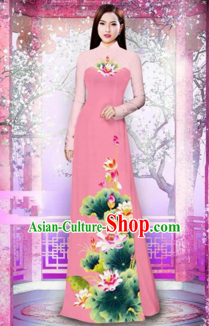 Vietnam Traditional National Printing Lotus Pink Ao Dai Dress Asian Vietnamese Cheongsam for Women
