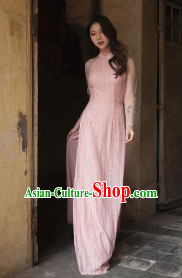 Vietnam Traditional National Pink Lace Ao Dai Dress Asian Vietnamese Cheongsam for Women