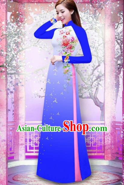 Vietnam Traditional National Printing Rose Flowers Royalblue Ao Dai Dress Asian Vietnamese Cheongsam for Women
