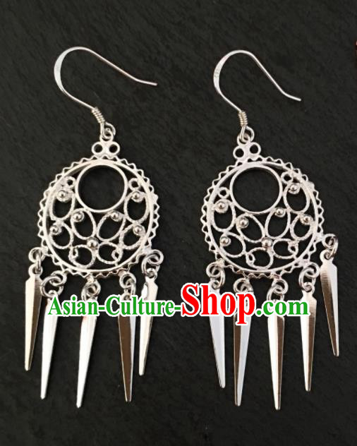 Chinese Traditional Mongol Nationality Carving Tassel Earrings Mongolian Ethnic Ear Accessories for Women