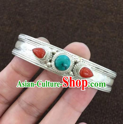 Chinese Traditional Mongol Nationality Kallaite Bracelet Mongolian Ethnic Sliver Bangle Accessories for Women