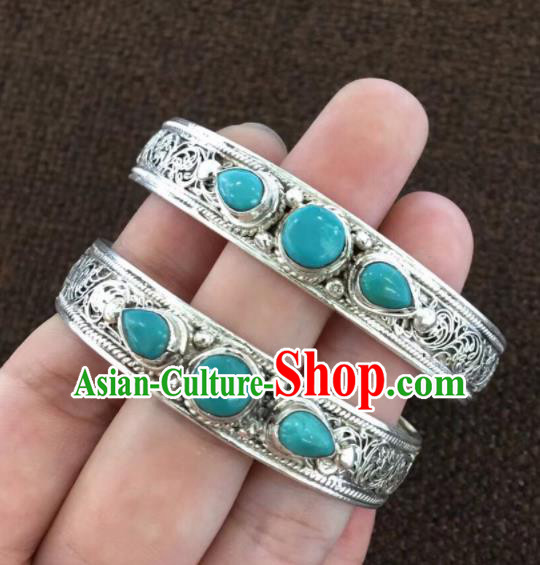 Chinese Traditional Mongol Nationality Blue Stone Bracelet Mongolian Ethnic Sliver Bangle Accessories for Women