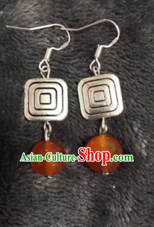 Chinese Traditional Mongol Nationality Orange Sliver Earrings Mongolian Ethnic Ear Accessories for Women