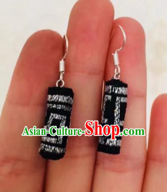 Chinese Traditional Ethnic Mongol Nationality Embroidered Black Earrings Mongolian Ear Accessories for Women