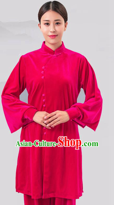 Traditional Chinese Martial Arts Competition Rosy Velvet Costume Tai Ji Kung Fu Training Clothing for Women