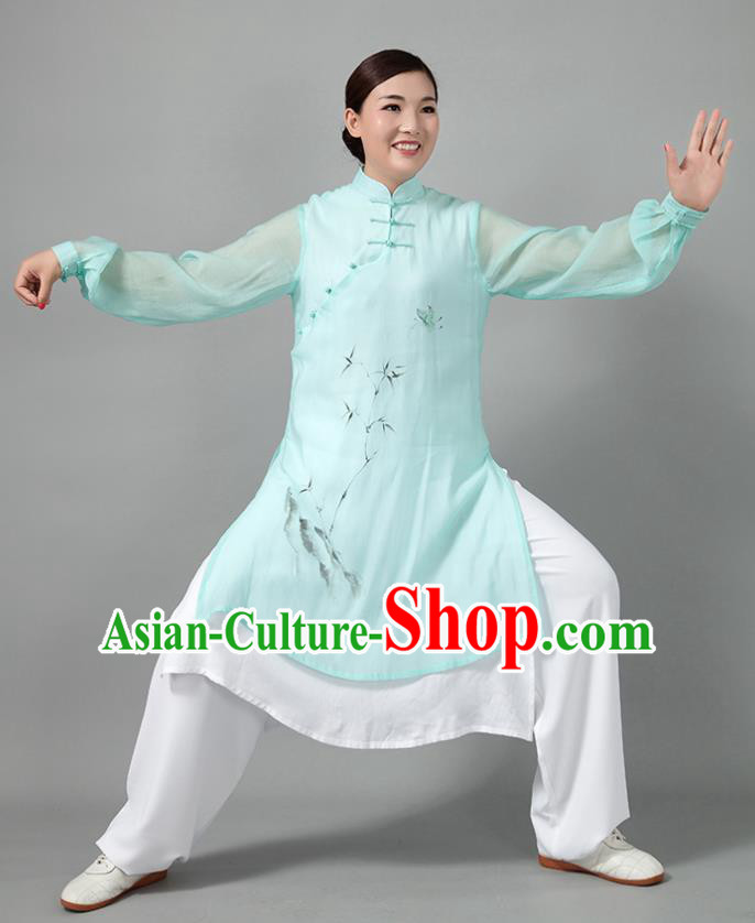 Traditional Chinese Martial Arts Printing Bamboo Green Costume Tai Ji Kung Fu Competition Clothing for Women