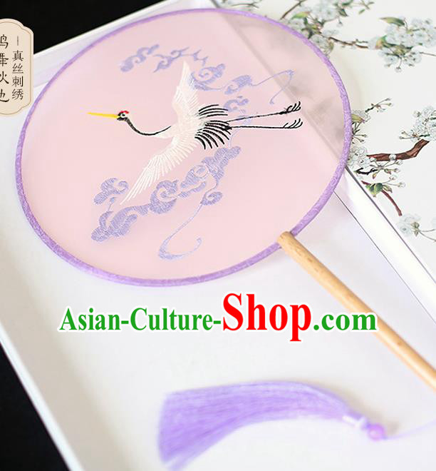 Chinese Traditional Embroidered Crane Pink Round Fans Classical Hanfu Palace Fans for Women