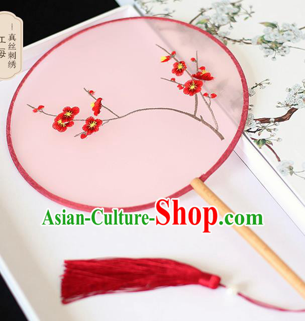 Chinese Traditional Embroidered Plum Blossom Pink Round Fans Classical Hanfu Palace Fans for Women
