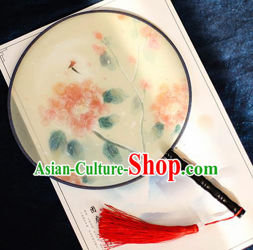 Chinese Traditional Printing Red Flower Silk Round Fans Handmade Classical Palace Fans for Women