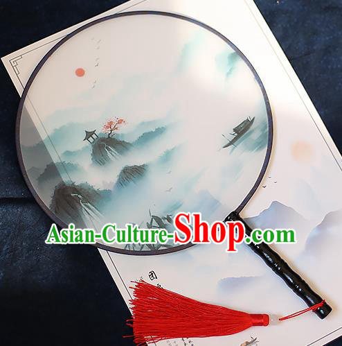 Chinese Traditional Printing Pavilion Silk Round Fans Handmade Classical Palace Fans for Women
