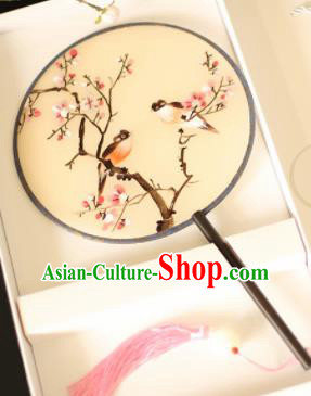 Chinese Traditional Embroidered Birds Flowers Round Fans Classical Hanfu Palace Fans for Women