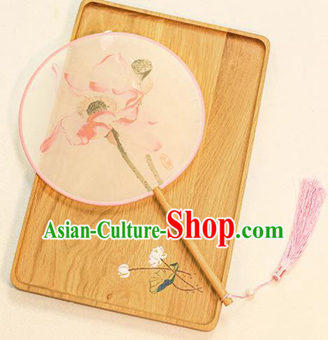 Chinese Traditional Printing Lotus Flowers Dance Silk Round Fans Handmade Classical Palace Fans for Women