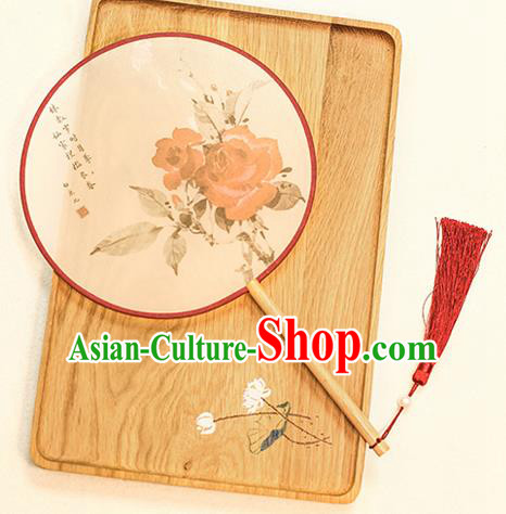 Chinese Traditional Printing Red Roses Dance Silk Round Fans Handmade Classical Palace Fans for Women