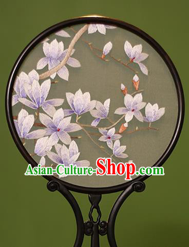Chinese Traditional Handmade Embroidered Yulan Magnolia Silk Round Fans Classical Palace Fans for Women