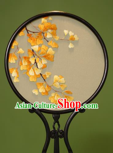 Chinese Traditional Handmade Embroidered Ginkgo Leaf Silk Round Fans Classical Palace Fans for Women