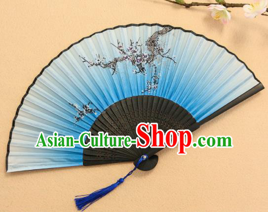 Chinese Traditional Folding Fans Classical Printing Plum Blossom Blue Accordion Silk Fans for Women