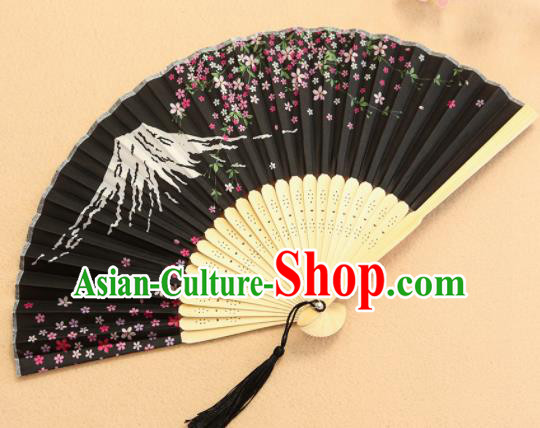 Chinese Traditional Folding Fans Classical Printing Plum Blossom Black Accordion Silk Fans for Women