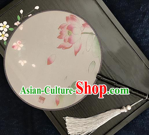 Chinese Traditional Printing Lotus Silk Round Fans Classical Hanfu Palace Fans for Women